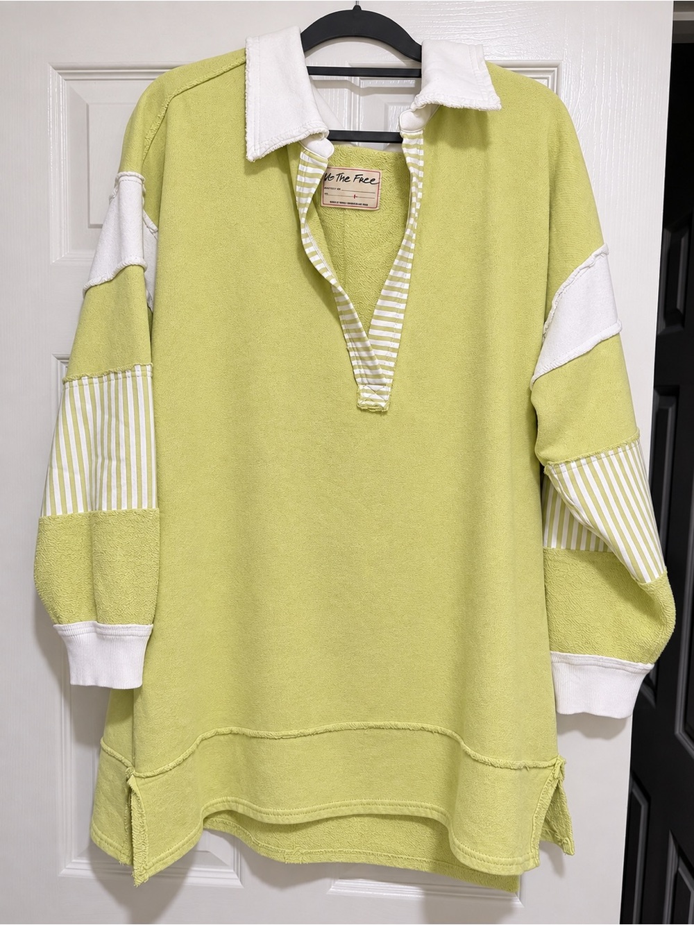 We The Free Lime Green Rugby-Collar Pullover with White Trim and Stripes